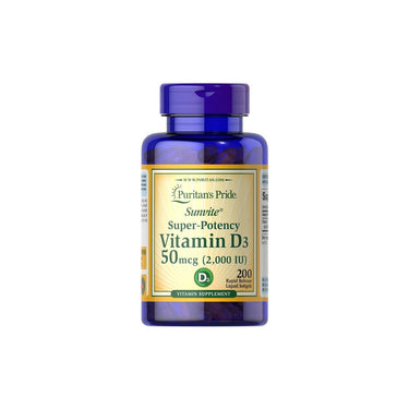 A bottle of Puritan's Pride Vitamin D3 2000 IU 200 Rapid Release Liquid Softgels for calcium absorption and bone growth.